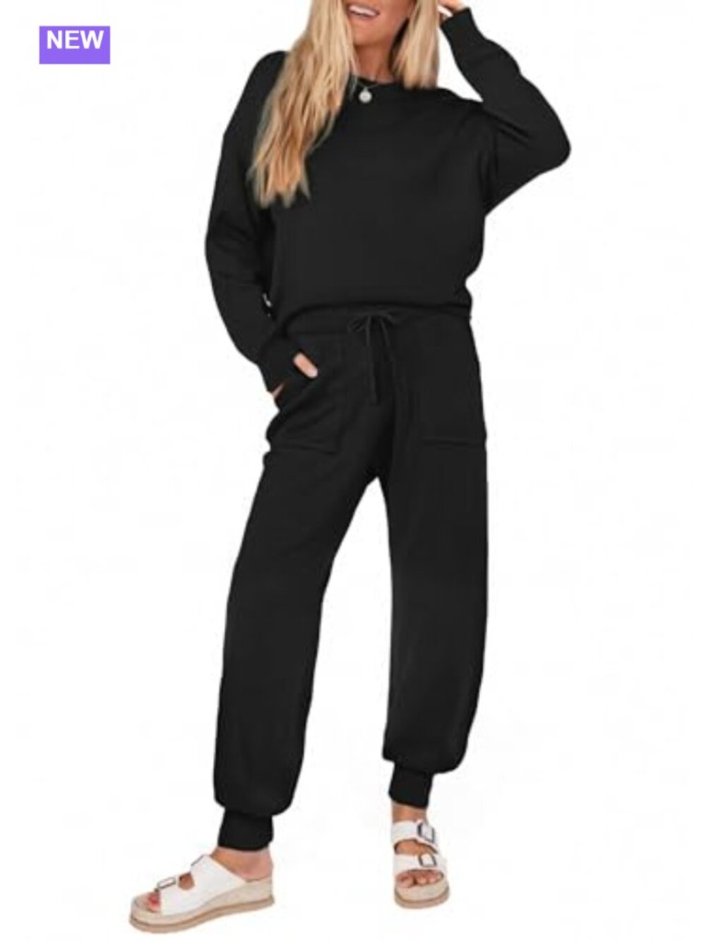 Ekouaer 2 Piece Lounge Set Long Sleeve Knit Pajamas Sweatsuit Jogger Pants